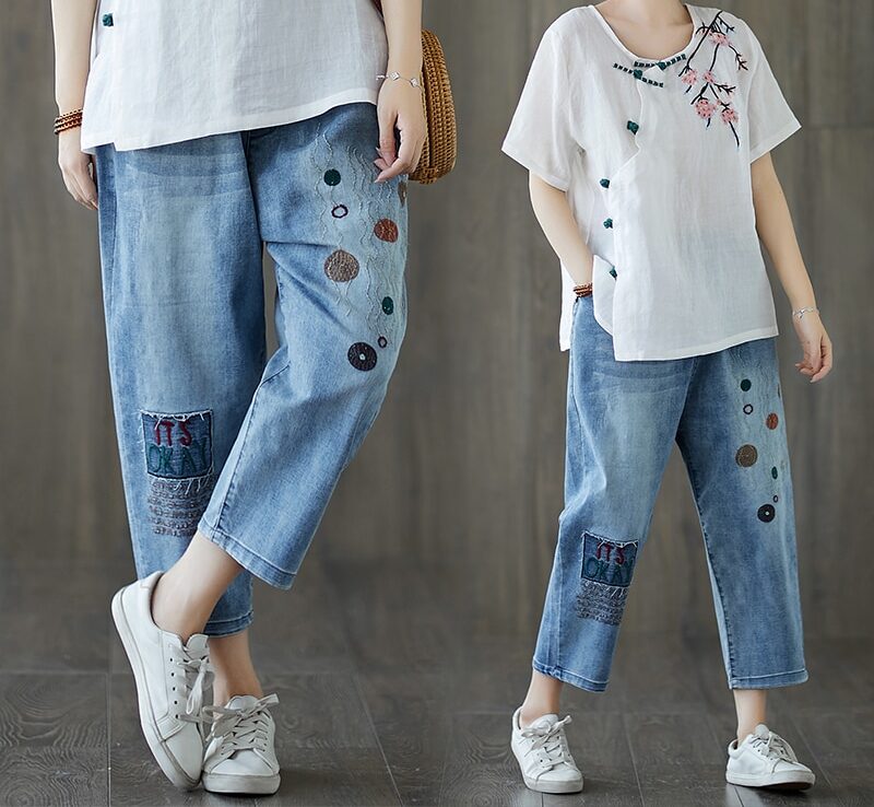 Dongdaemun-Pantalon Denim Brodé pour Femme, FjJeans Coréen, Vêtements d'Été Japonais Y2K, Livraison Gratuite, 2023
