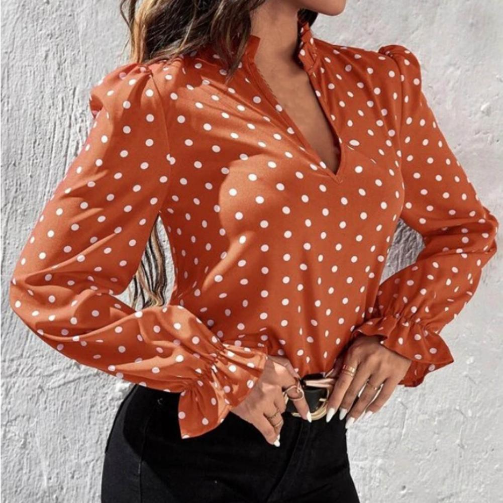 Chemise populaire en mousseline de soie pour femme, chemisier imprimé à pois, volants, manchette, Dressing, printemps-automne 1