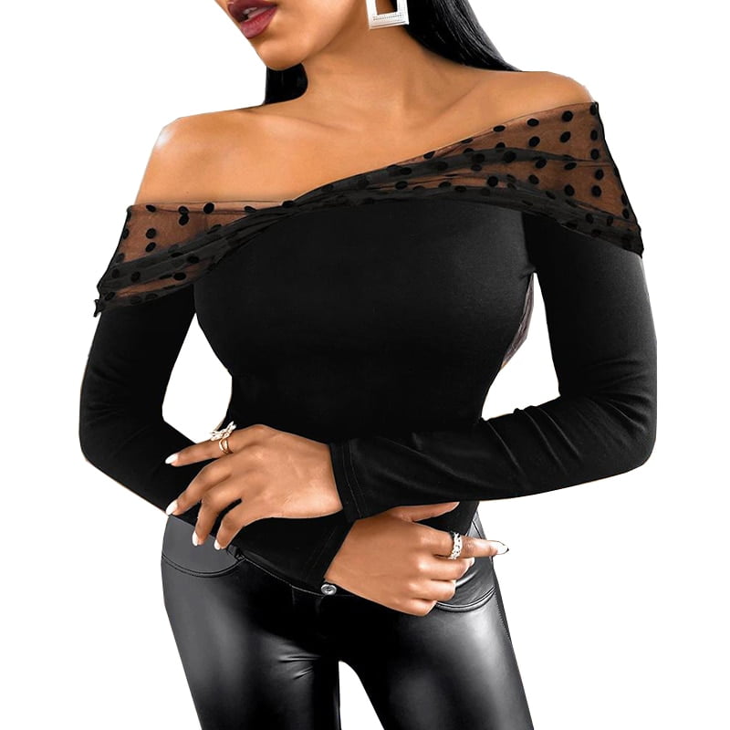 T-shirt noir à pois pour femmes, sexy, sans bretelles, Harajuku, printemps et automne, tenue de club mince, haut coréen, 2021 1