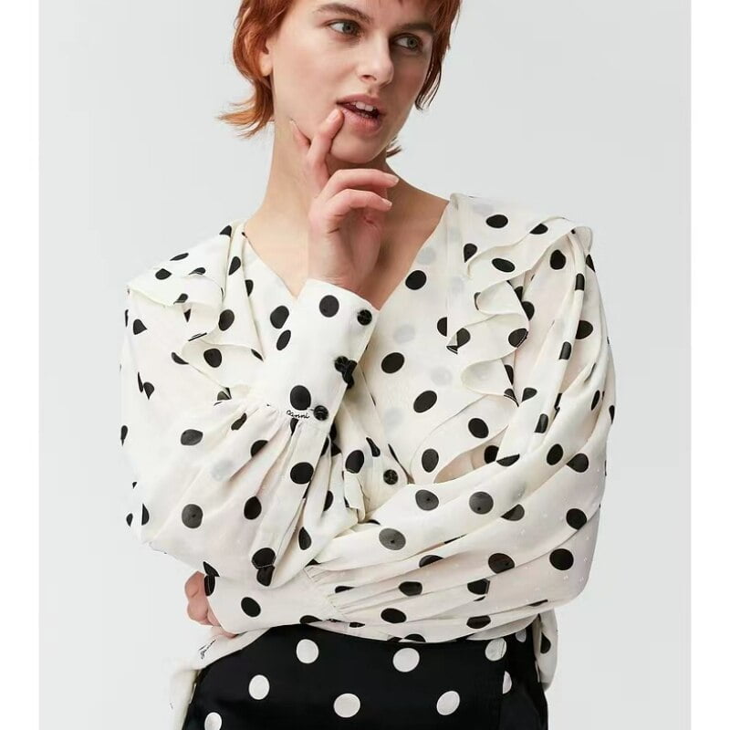 Chemise Georgette à col à volants pour femme, imprimé pois, printemps, nouveau, 2023 1