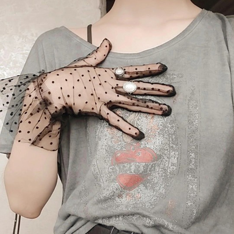 Gants en dentelle pour femme, 1 paire, mode automne été, court, tulle extensible, cuir chevelu, transparent, maille flexible, doigt complet 2