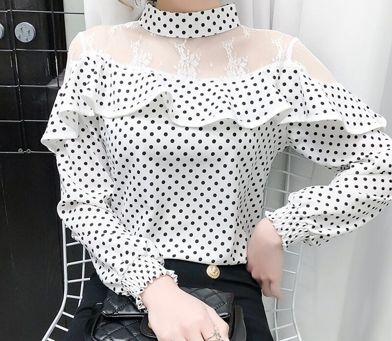 Chemise en mousseline de soie pour femmes, chemise à manches longues, col montant, à volants, avec points cousus, douce, noire et blanche, printemps, 2021 1