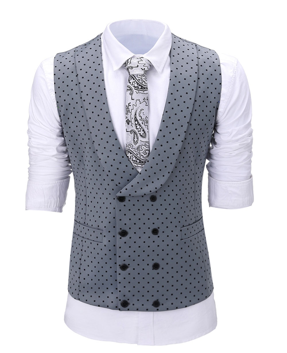 Gilet Double Boutonnage Gris Marine Motif Pois Homme