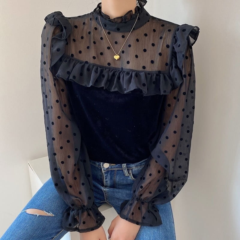 Chemise en velours côtelé pour femme, manches trompette, à pois, à volants, couture, printemps et automne 1