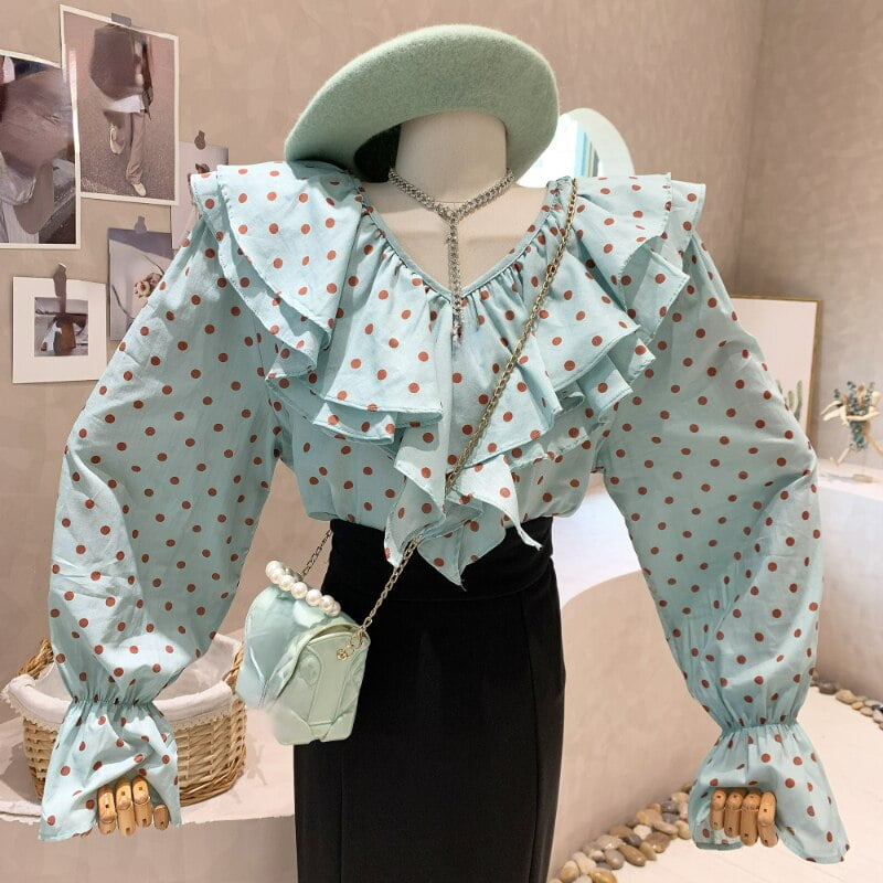 Tinomusi – chemisier Vintage à pois, col en v, manches longues, à volants, Patchwork, nouvelle collection 2023 2