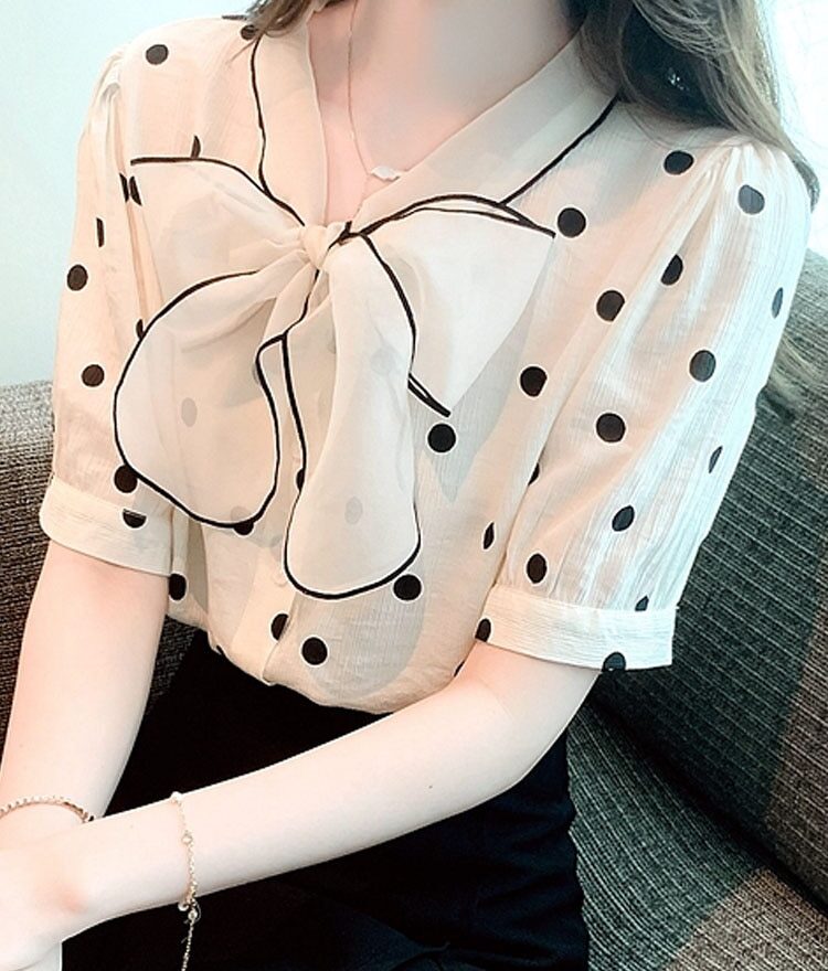 Chemisier en mousseline de soie à manches courtes pour femmes, chemise d'été à col avec nœud, 2023, Y-G459 1