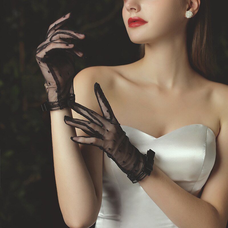 Gants Transparents en Résille et Tulle à Pois, Accessoires de Mariage Courts, Noirs, Ivoire, Longueur de Poignet, pour Patients 2