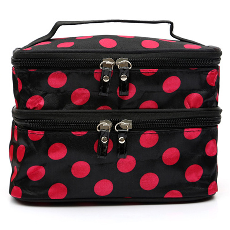Mode à pois Double couches cas voyage sacs à cosmétiques grande femme sac cosmétique organisateur de toilette stockage sac de maquillage