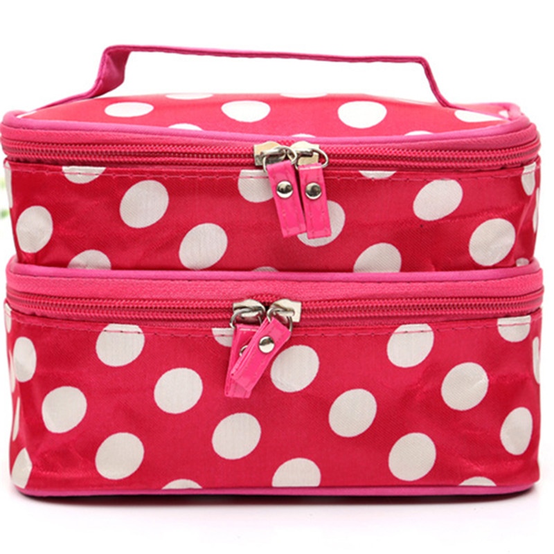 Mode à pois Double couches cas voyage sacs à cosmétiques grande femme sac cosmétique organisateur de toilette stockage sac de maquillage