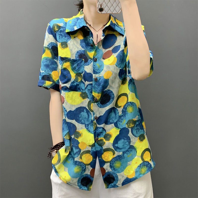 Chemisier imprimé à pois pour femme, vêtements streetwear, simple boutonnage, manches courtes, chemise décontractée à col rabattu, été 2