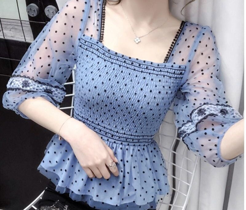 Chemisier à manches longues en mousseline de soie pour femme, chemise de bureau décontractée, maille perlée douce, couture, imprimé à pois, taille, nouveau, été, Y-G05 1