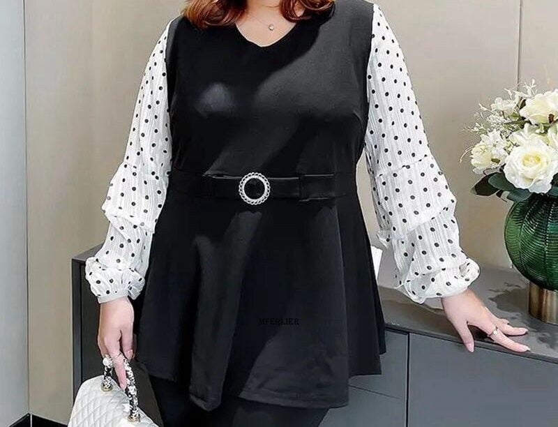 Chemise à manches longues à pois pour femmes, surchemise vintage pour dames, chemisier à col en V, haut de bureau, grande taille, 5XL, 140kg 1