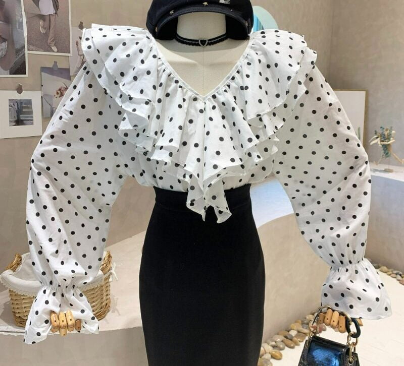 Tinomusi – chemisier Vintage à pois, col en v, manches longues, à volants, Patchwork, nouvelle collection 2023 1