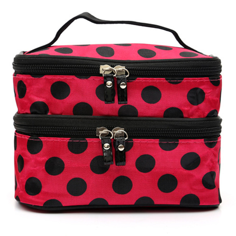 Mode à pois Double couches cas voyage sacs à cosmétiques grande femme sac cosmétique organisateur de toilette stockage sac de maquillage