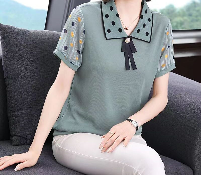 Chemise à col rabattu pour femme, chemisier à manches courtes, vêtements décontractés, imprimé à pois, nœud chic, patchwork, mode estivale, nouveau 1