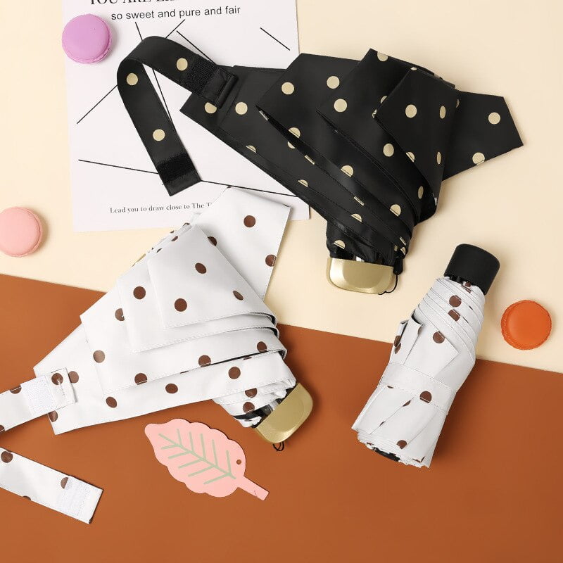 Parapluie solaire pliable à pois pour femmes, 5 petites poches, double usage, revêtement noir, mignon 2