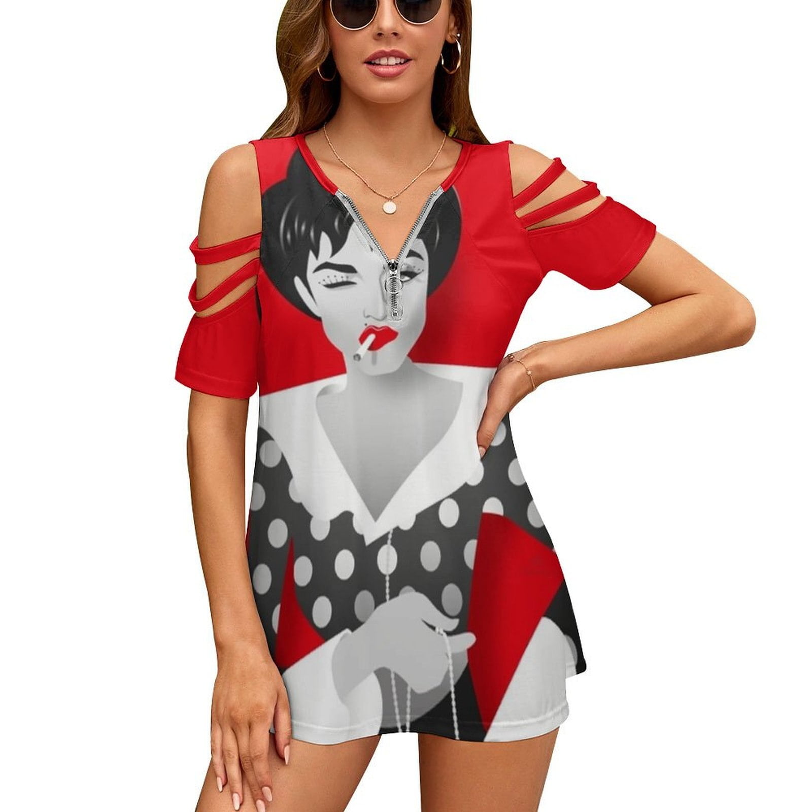 Alejandro – T-Shirt manches courtes col en V pour femme, imprimé, Sexy, à pois, rouge 2