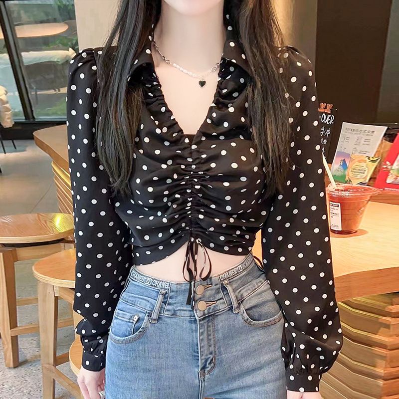 Chemisier à pois pour femme, doux, chic, simple, mince, tout-assressenti, plis de loisirs, tendre, élégant, style coréen, printemps, culture sexy, 03/3 2