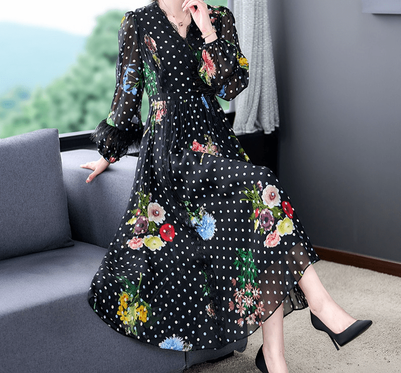 Injfur Floral Long Sleeve V-Neck Skirt