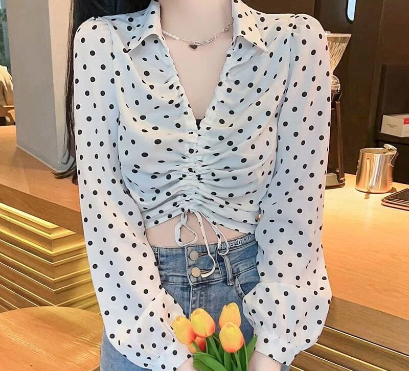 Chemisier à pois pour femme, doux, chic, simple, mince, tout-assressenti, plis de loisirs, tendre, élégant, style coréen, printemps, culture sexy, 03/3 1
