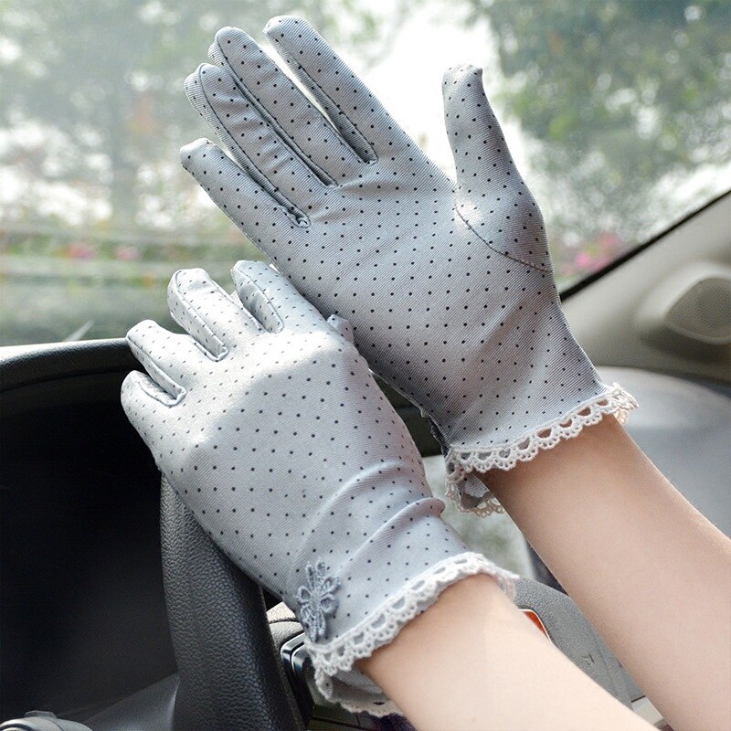 Gants de protection solaire d'été pour femmes, respirants, fins, courts, extensibles, en Spandex, serrés, pour la conduite, danse, etiquettes, à pois, dentelle 2