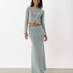 Jupes Longues À Pois Géométriques Tulle Stretch Transparent Taille Basse Marron