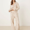 Pyjamas À Pois Chemise Flanelle Manches Longues Ensemble Taille Haute Poches Décontractée Nuit