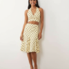 Jupes Courtes À Pois Jaune Ensemble Top Dos Nu Croisé Taille Haute Ourlet Mouchoir Imprimé Élastique