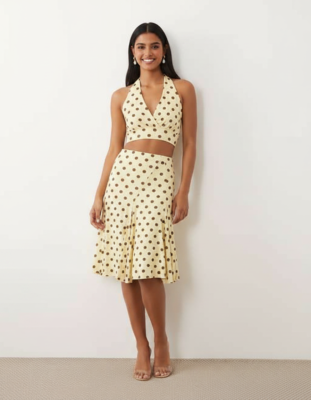 Jupes Courtes À Pois Jaune Ensemble Top Dos Nu Croisé Taille Haute Ourlet Mouchoir Imprimé Élastique