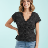 Blouses À Pois Col V Manches Courtes Coupe Classique Dentelle Bordée Tops Polyester