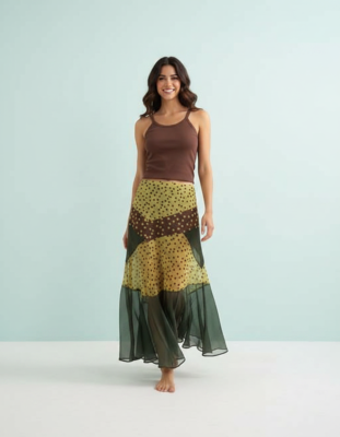 Jupes Longues À Pois Transparente Mousseline Asymétrique Patchwork Coupe Taille Haute Empiècements