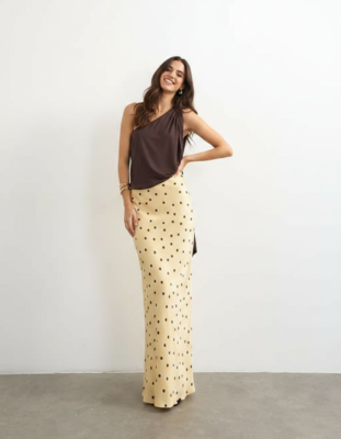 Jupes Longues À Pois En Satin Coupée Biais Viscose Babeurre