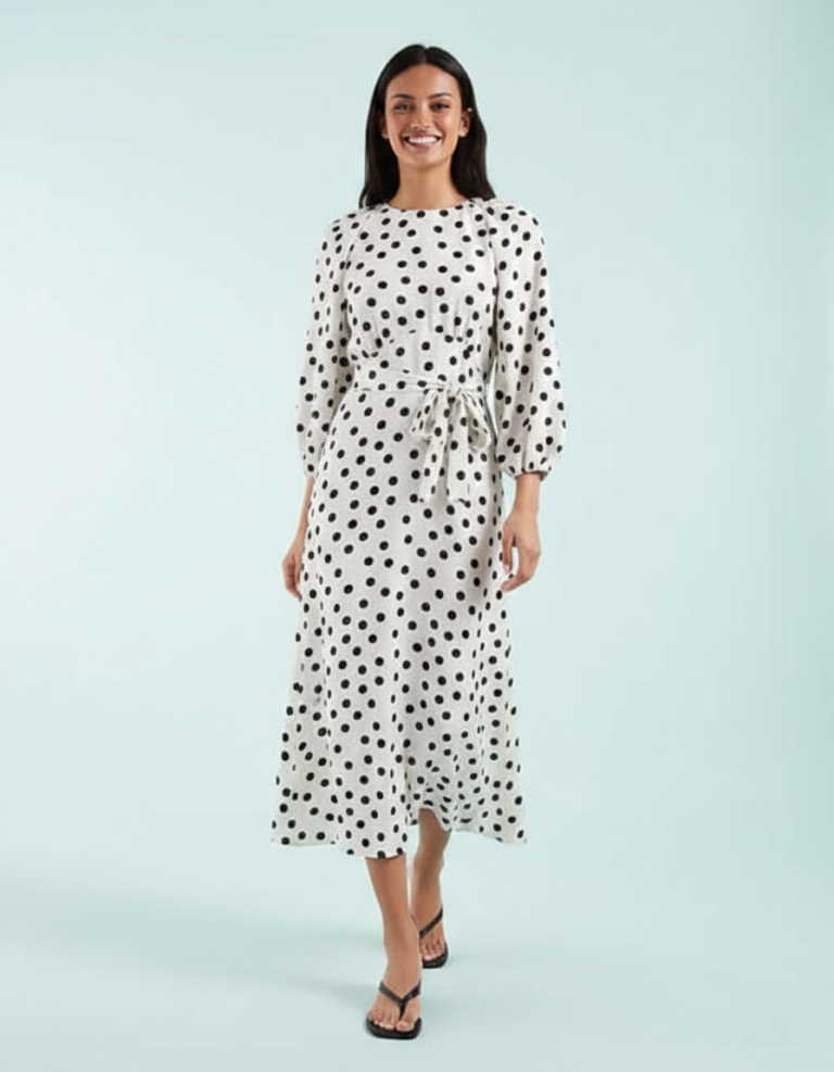 Robes À Pois Blanc Longue Ceinture Avec Encolure Ronde Manches Bouffantes