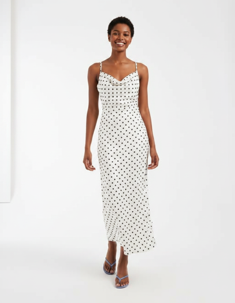 Robes À Pois Blanc Longue En Satin Imprimé Col Bénitier Bretelles Réglables