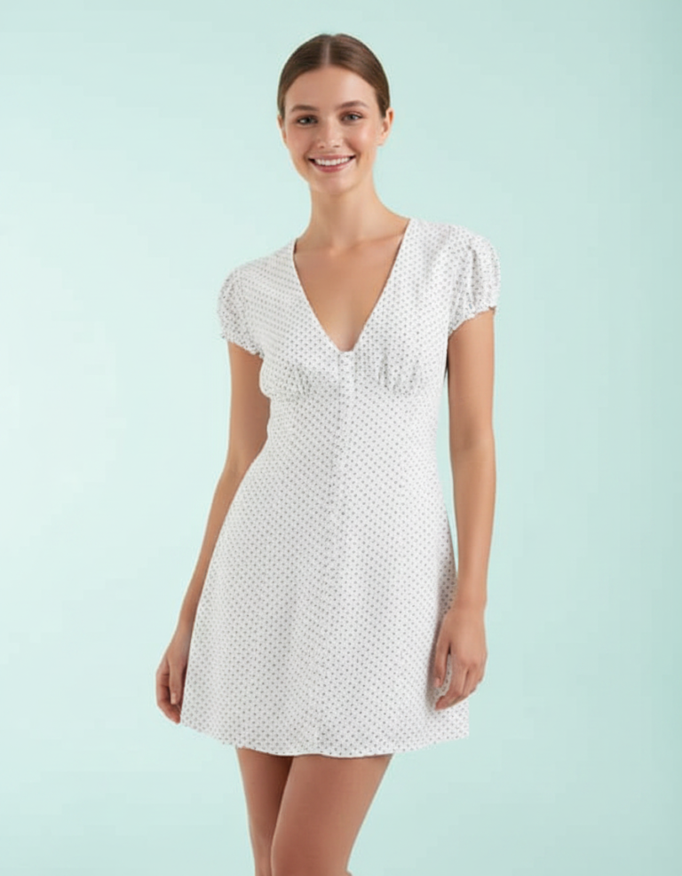 Robes À Pois Blanc V Col Courte Manches Bouffantes Coupe Classique