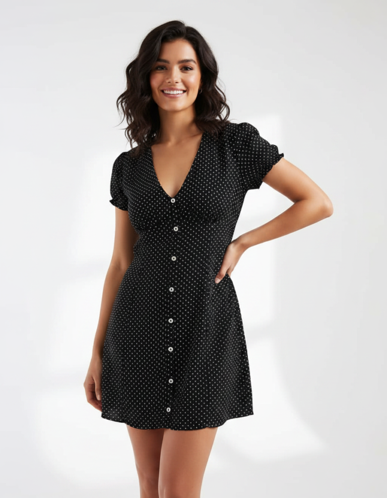 Robes À Pois Blanc Col V Courte Manches Bouffantes Patte Boutonnage Viscose