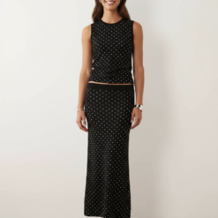 jupes longues à pois noir ensemble maille élastique taille slim ourlet plongeant