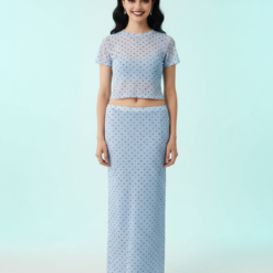 jupes longues à pois bleu tulle ensemble taille haute transparent stretch classique