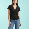 blouses à pois col v manches courtes coupe classique dentelle bordée tops polyester