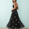 jupes longues à pois froncée évasée tissu doux encolure américaine robe noire femme