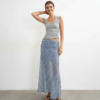jupes longues à pois froncée tulle transparent bleu taille haute