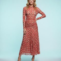 robes à pois rouge tulle imprimé manches longues lea midi froncée à la taille avec col montant