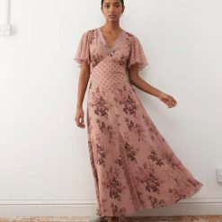 robes vintages rouges à pois manches évasées fleurie mi-longue dentelle multicolore rose avec motifs floraux et col v pour femme