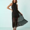 robes mousseline à pois transparente longue métallisés jupe montant col noir sans manches avec un effet brillant pour femme