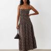 robes à pois jaune froncée taille longue design chocolat imprimée à pois blancs bretelles fines