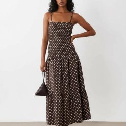 robes à pois jaune froncée taille longue design chocolat imprimée à pois blancs bretelles fines