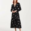 robes longues noires à pois portefeuille manches mollet longueur col v motif pois blancs manches longues avec volant en bas