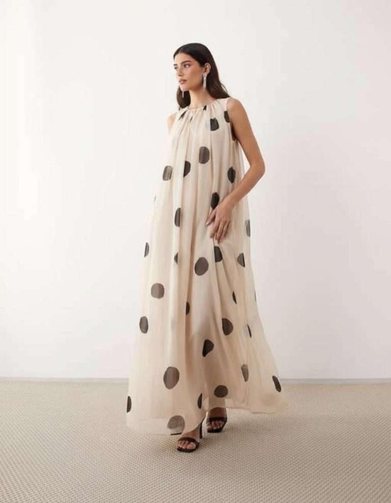 robes longues rouges à pois blancs monochrome imprimé drapée fronces élégante robe fluide beige sans manches avec grands pois noirs