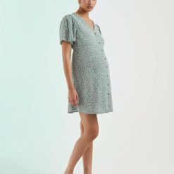 robes vertes à pois couronne de lauriers courte boutonnée rétro pour femme enceinte avec manches courtes et col en v