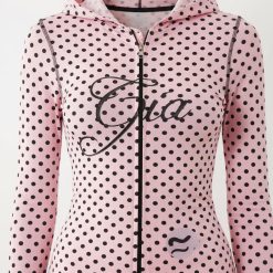sweats à pois roses capuche fermeture éclair coutures contrastantes logo imprimé texte noir sur la poitrine style sport femme